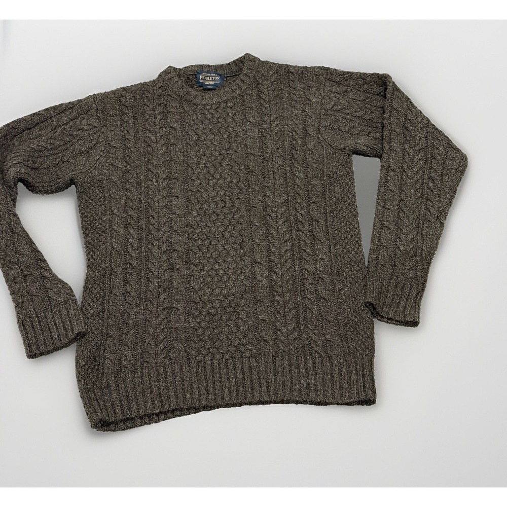 Pendleton Men's Shetland Fisherman Wool Cable Knit Sweater Small Brown - Picture 2 of 9